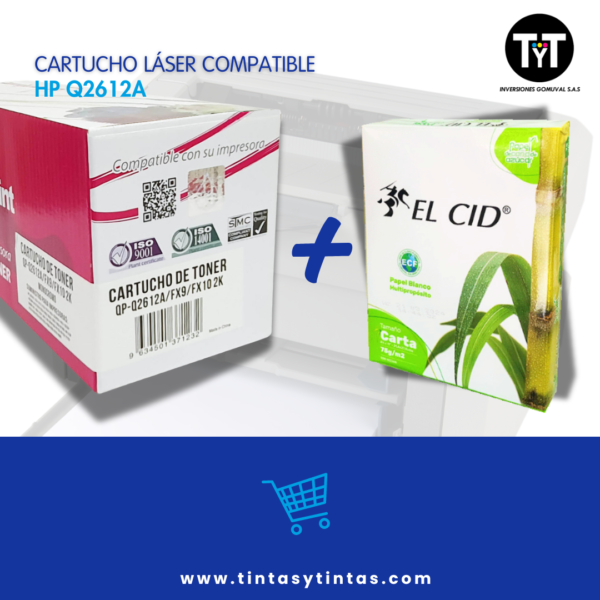 Combo Cartucho compatible HP Q2612A y lleva GRATIS 1 resma de papel tamaño carta