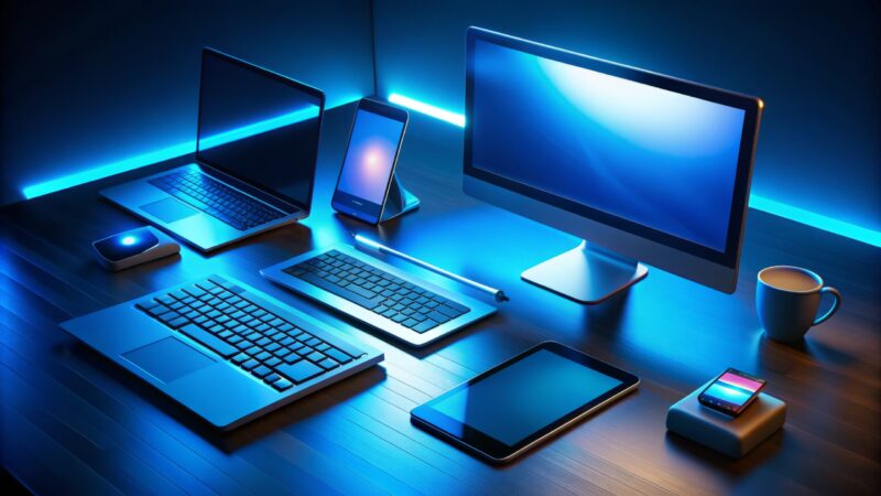 Modern technology setup featuring a blue-lit keyboard surrounded by multiple devices, including laptops, smartphones, and tablets, in a darkened room with soft glow.